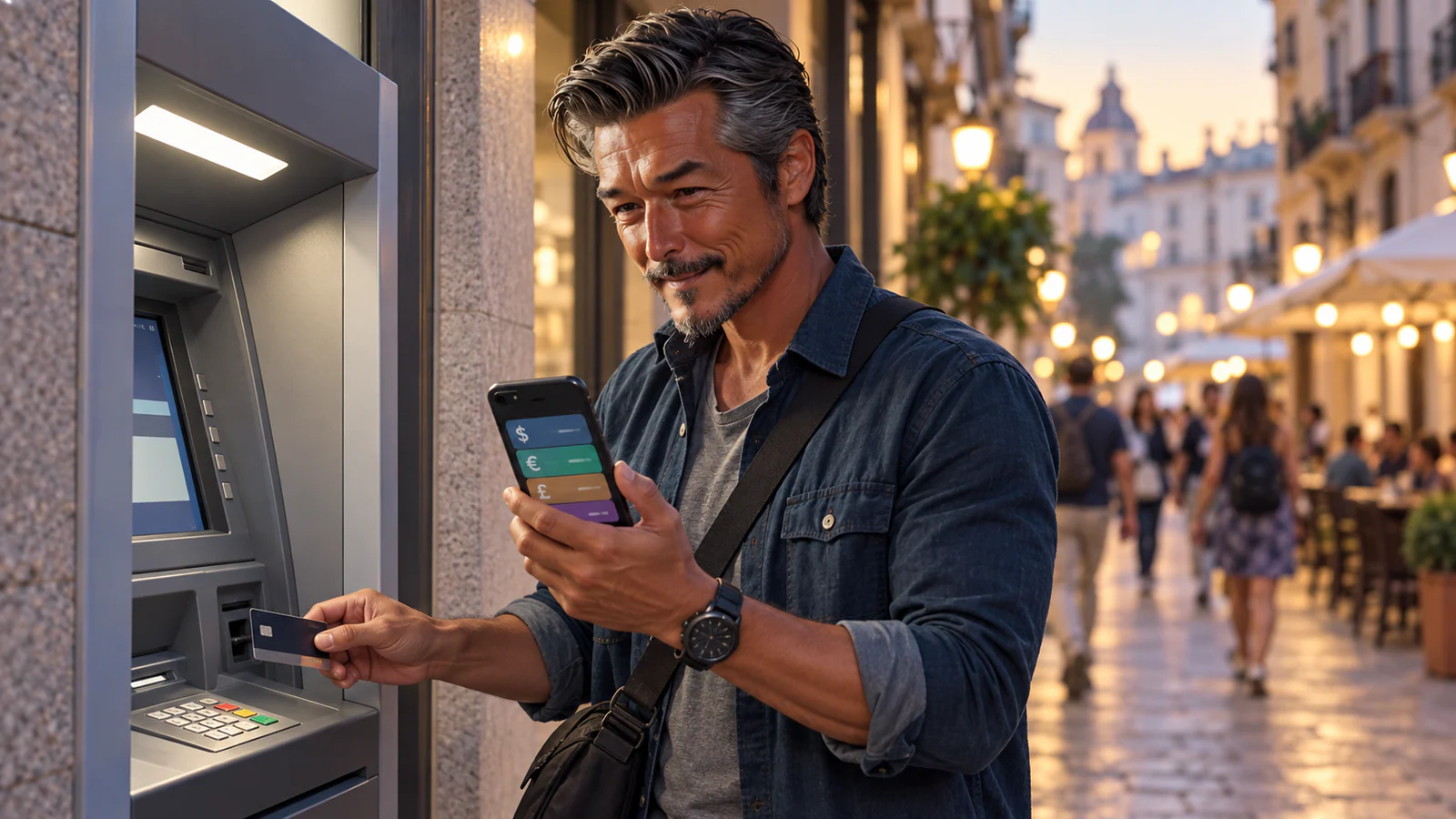 海外の街角でスマートフォンの多通貨アプリを確認しながらATMを利用するパスポートおっさん