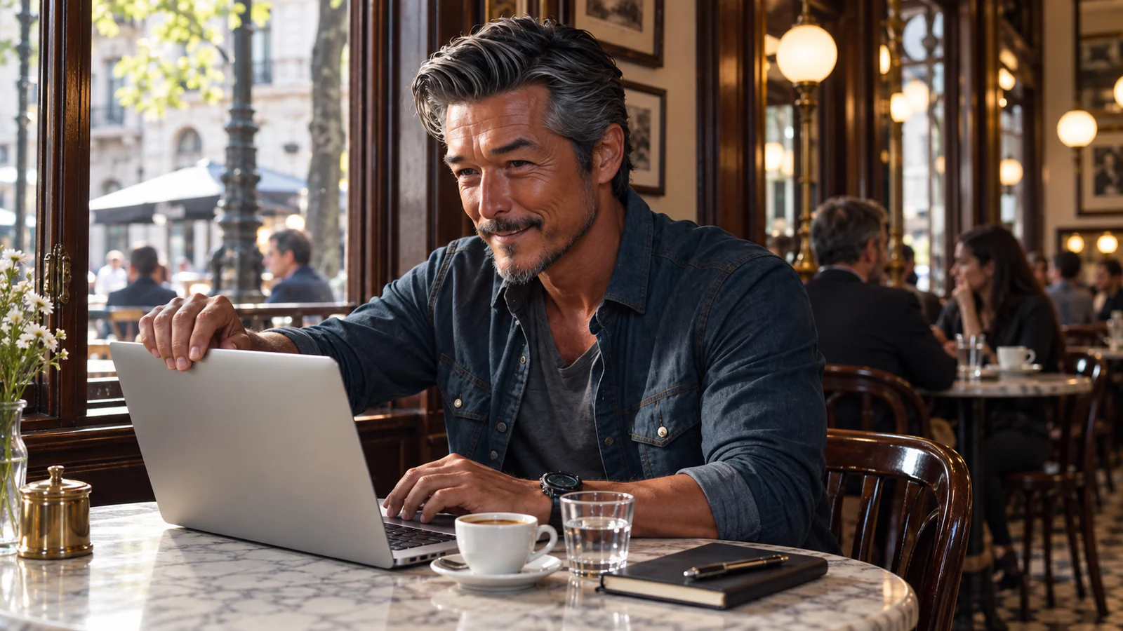 ブエノスアイレスのカフェでノートPCを開くパスポートおっさん