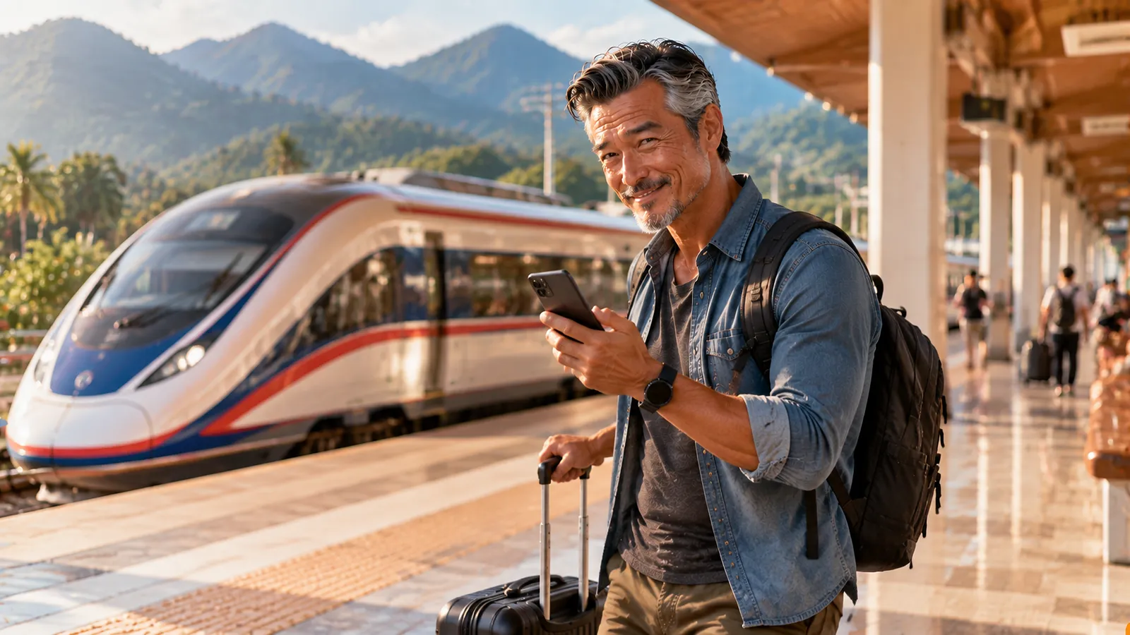 ラオスの近代的な鉄道駅のホームで列車を待つパスポートおっさん