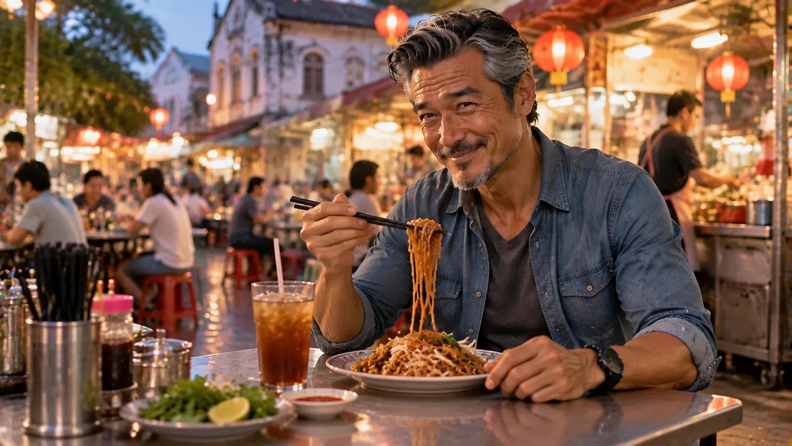 ペナンの屋台街で地元の麺料理を楽しむパスポートおっさん