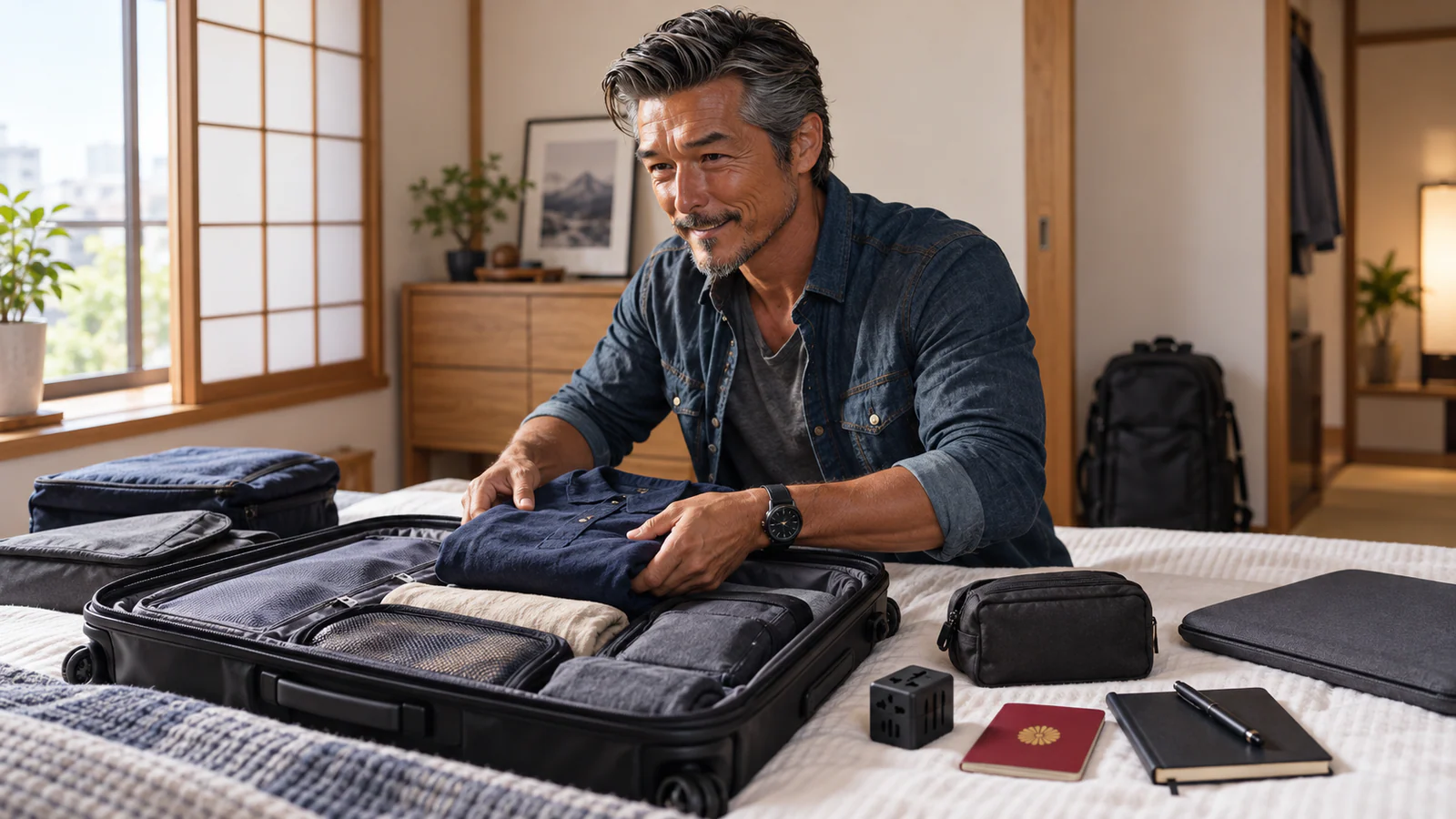 日本の自宅でスーツケースに荷物を詰めて旅立ちの準備をするパスポートおっさん