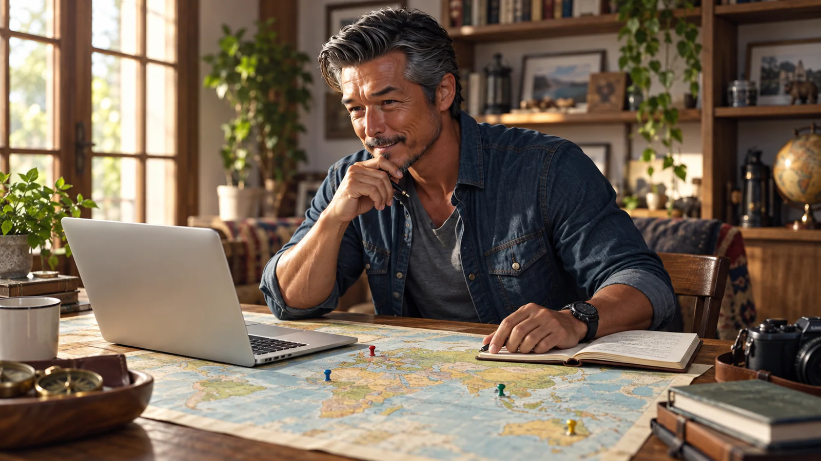 世界地図とノートPCを前に移住先を比較検討するパスポートおっさん