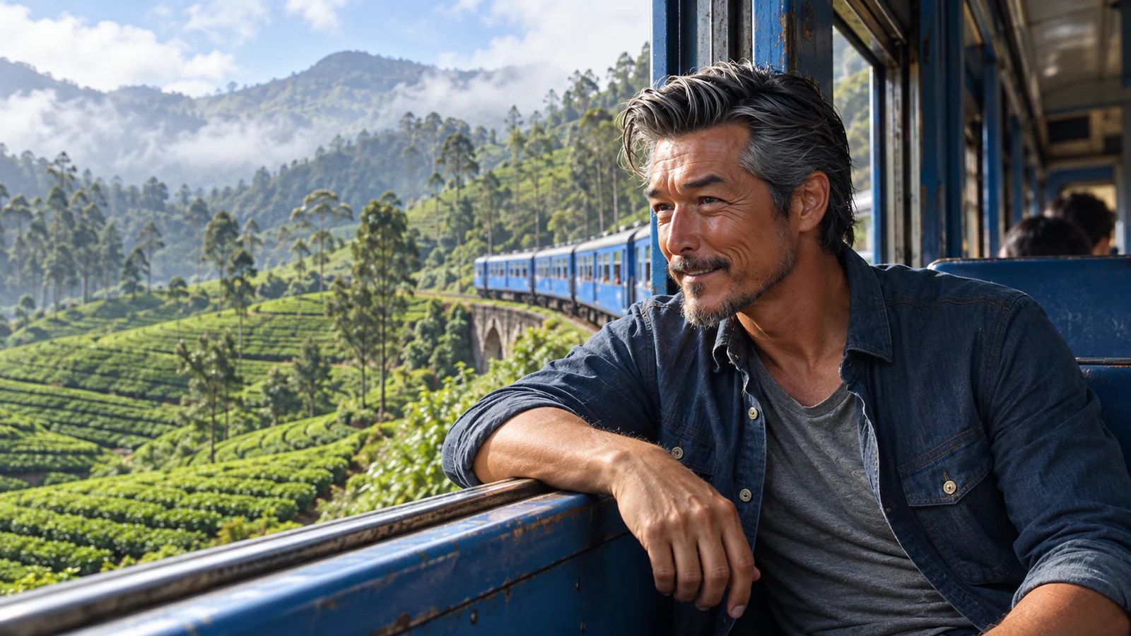 スリランカ・エラの山岳鉄道の車窓から茶畑を眺めるパスポートおっさん