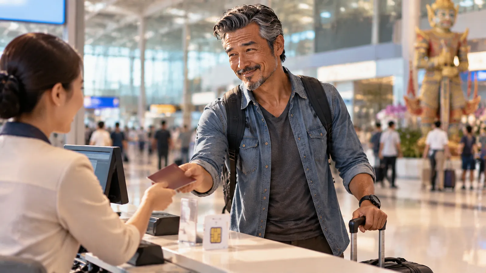 バンコクの空港の携帯電話会社のカウンターで現地SIMを購入するパスポートおっさん