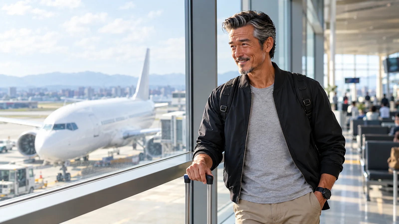 日本の空港の搭乗口から台湾行きの飛行機を眺めるパスポートおっさん