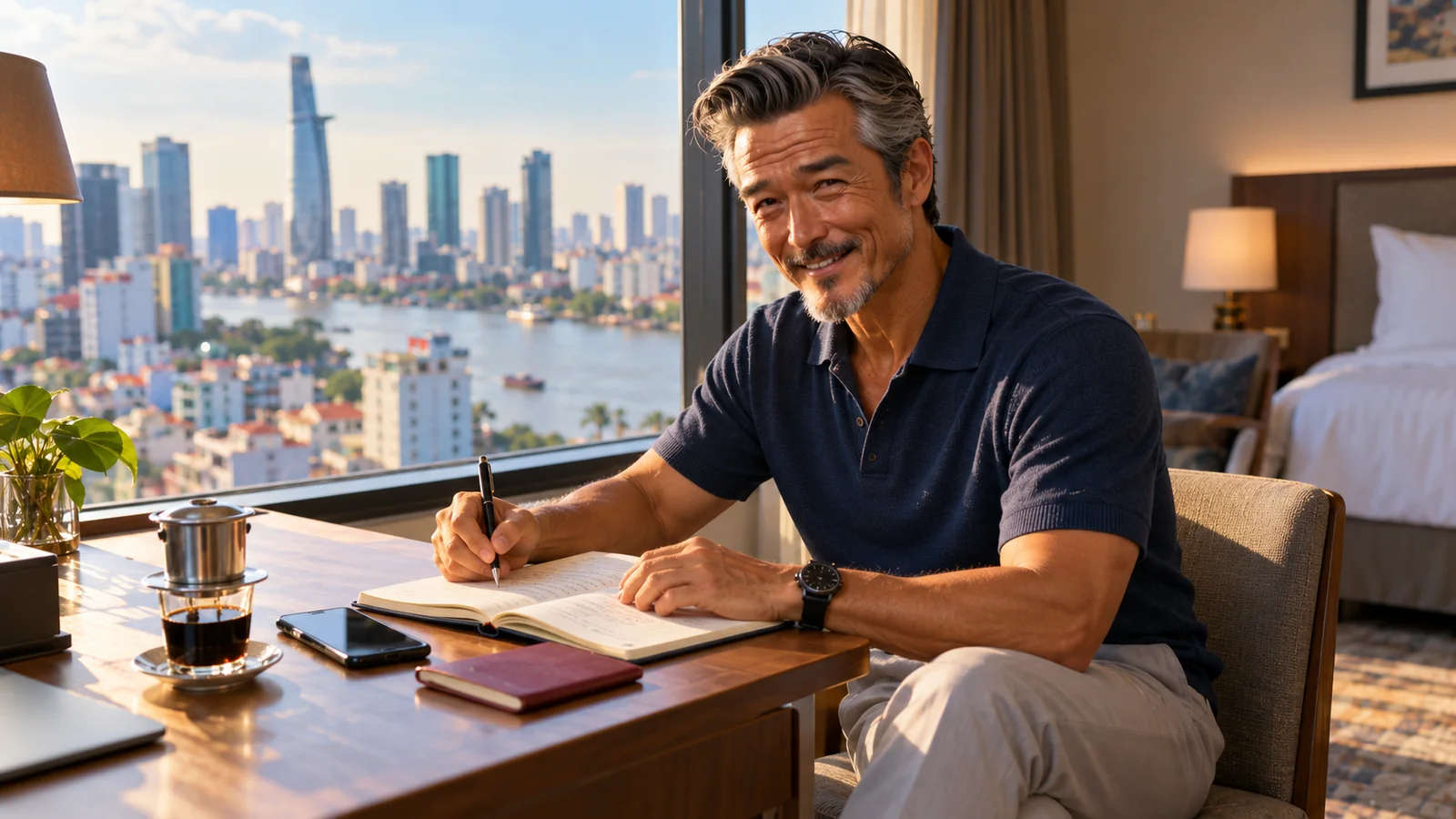 ホテルの机でベトナム滞在の計画をノートにまとめるパスポートおっさん