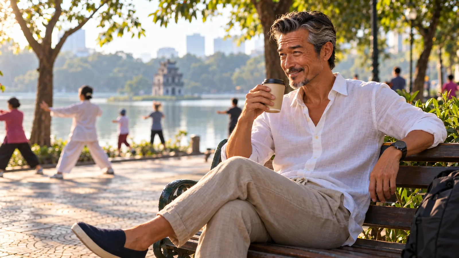 湖畔の公園のベンチで朝の時間を過ごすパスポートおっさん