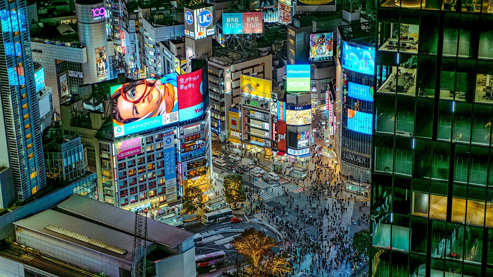 ネオンが輝く夜の渋谷スクランブル交差点(日本・東京)