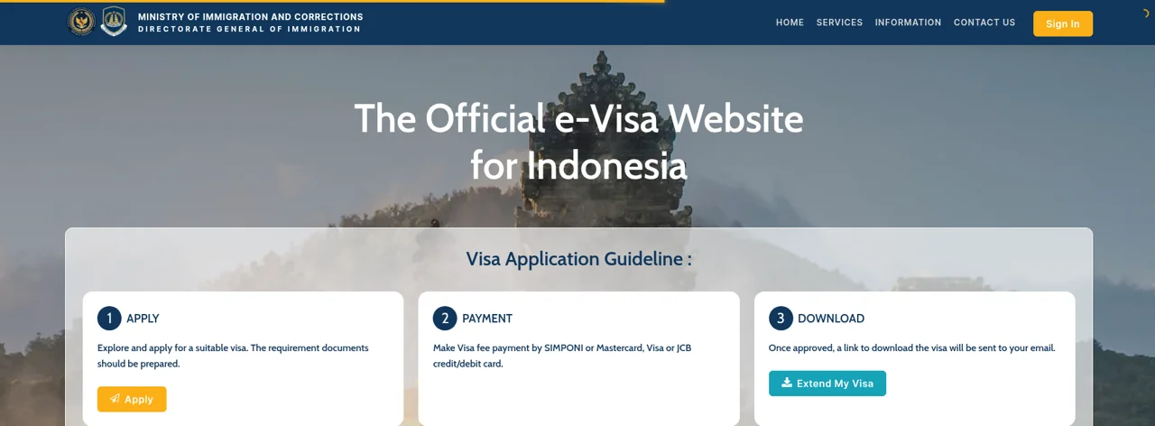 インドネシア移民局のe-Visa公式サイトのトップページ