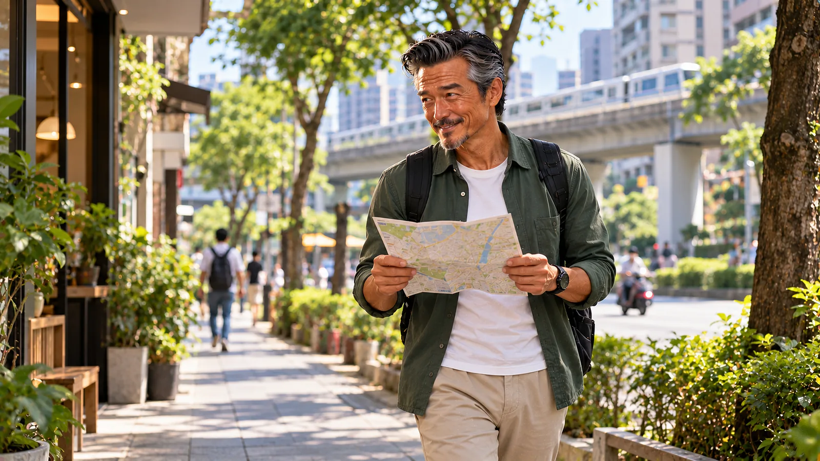 台北の住宅街を地図を見ながら歩いてエリアを確かめるパスポートおっさん