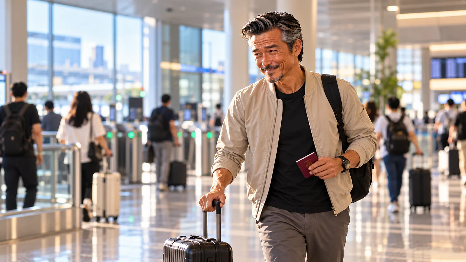 台湾の空港の到着ロビーをスーツケースを引いて歩くパスポートおっさん