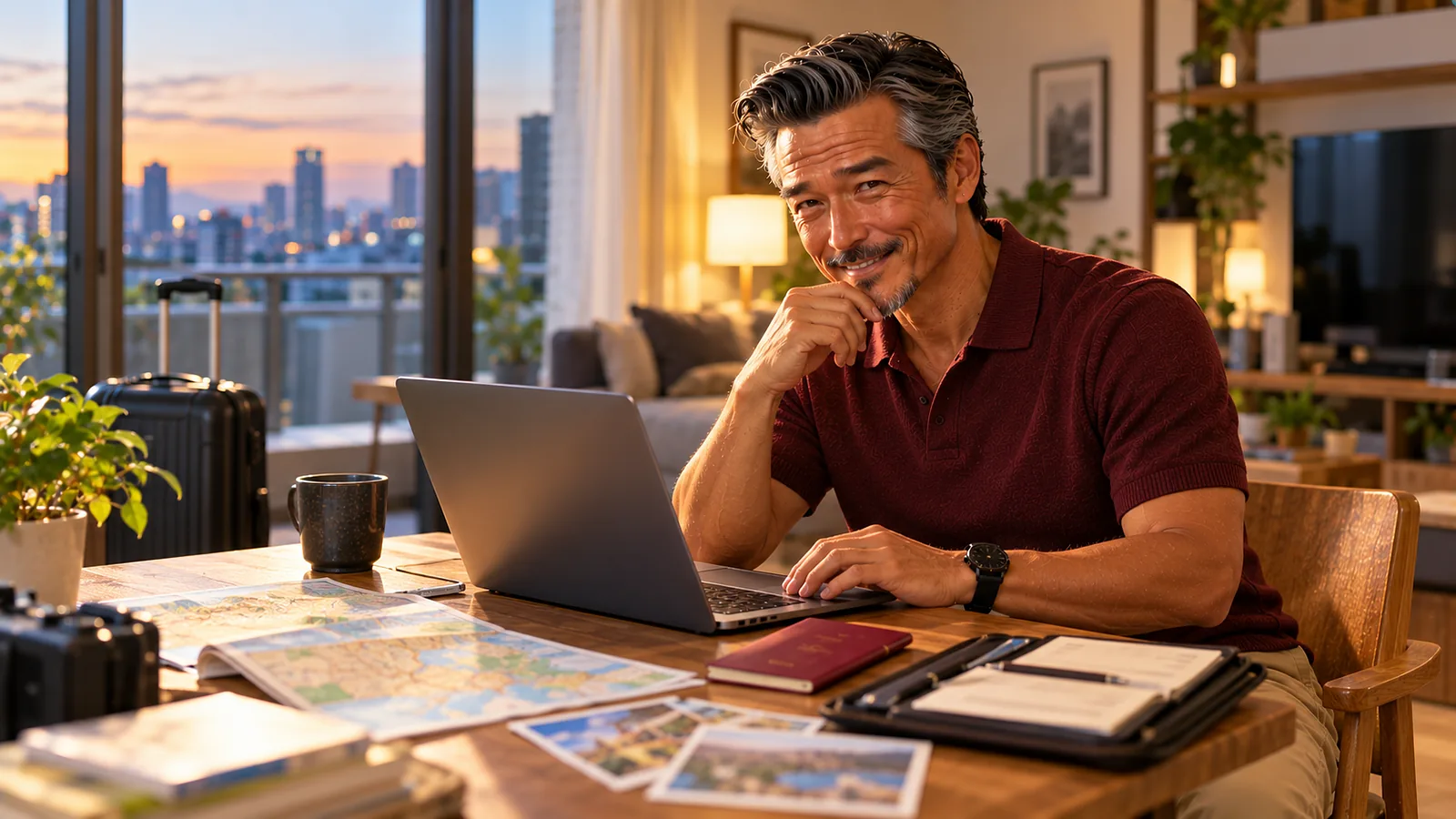 出発前に自宅のノートパソコンで入国カードを入力するパスポートおっさん