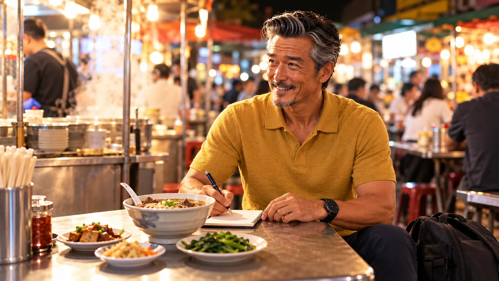 夜市の屋台で台湾料理を前に生活費をメモするパスポートおっさん