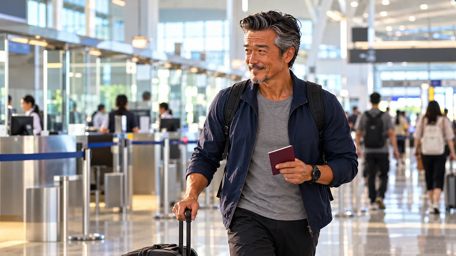 台湾の空港の入国審査エリアにスーツケースとパスポートを持って到着したパスポートおっさん
