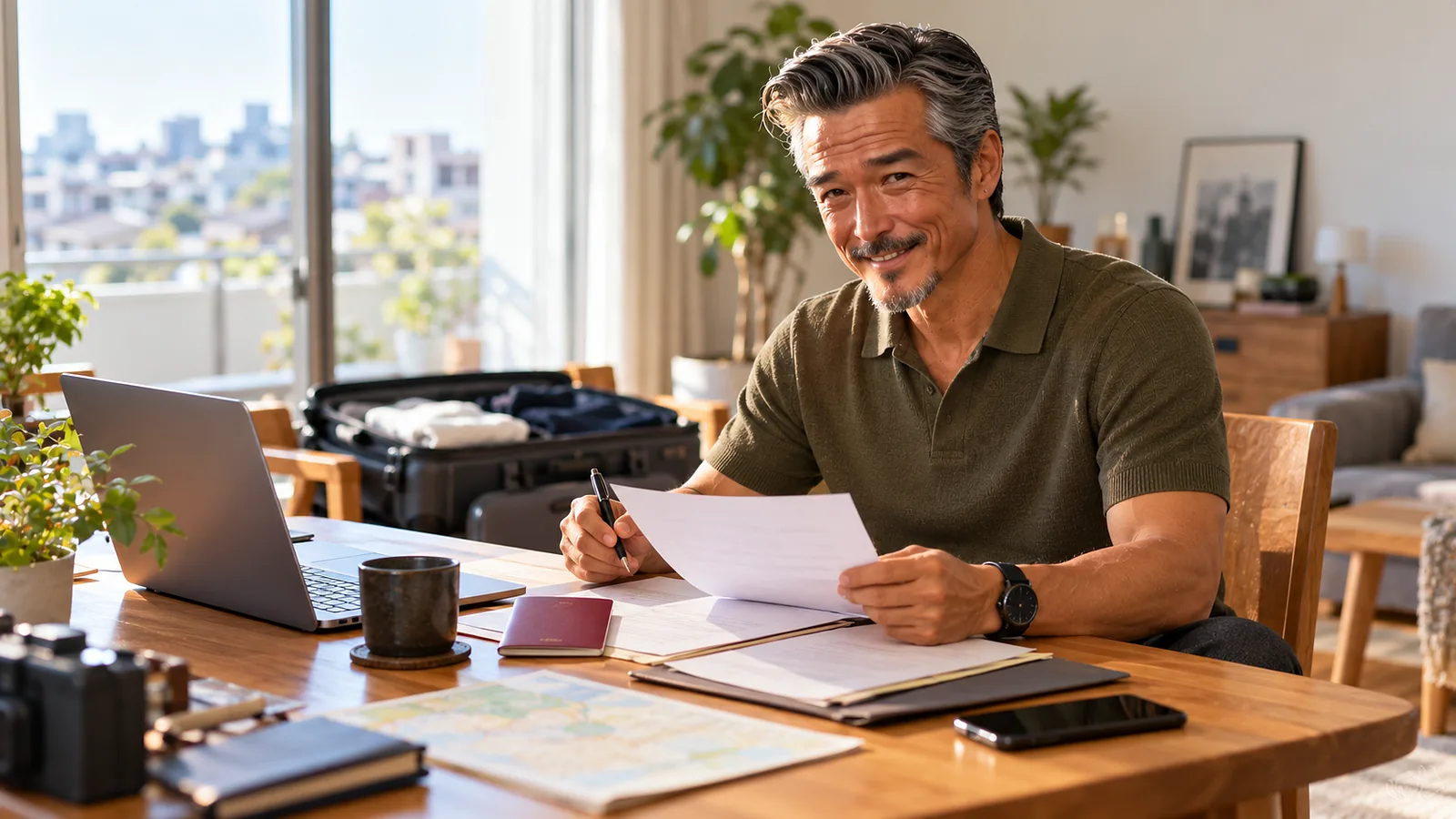 出発前に日本の自宅でビザの申請書類をそろえるパスポートおっさん